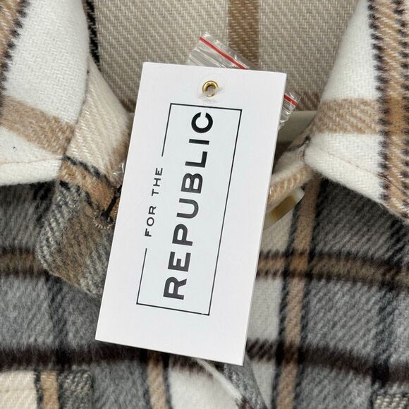 For the Republic Plaid Shacket Beige Gray Oversize Button Front Jacket Large NWT - Picture 7 of 9